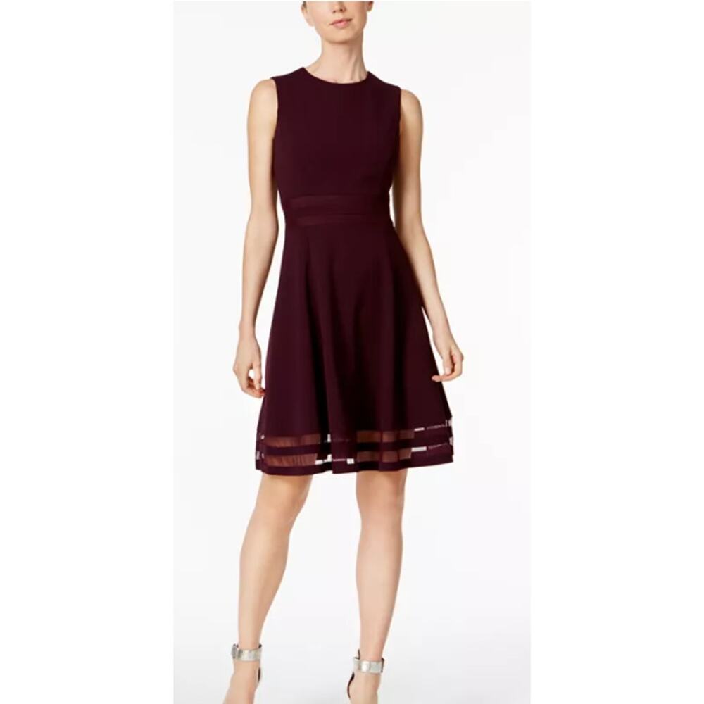 Calvin Klein Size 14 Burgundy Mesh Illusion Hem Fit Flare A Line Dress